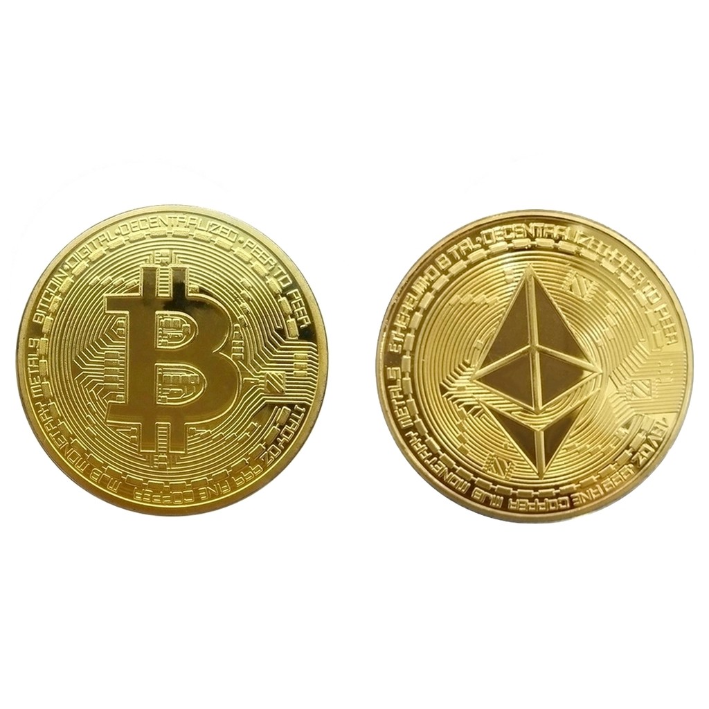 Kit 2 Moedas Física Bitcoin e Ethereum Edição Colecionador Criptomoeda Ouro Crypto Case Hold