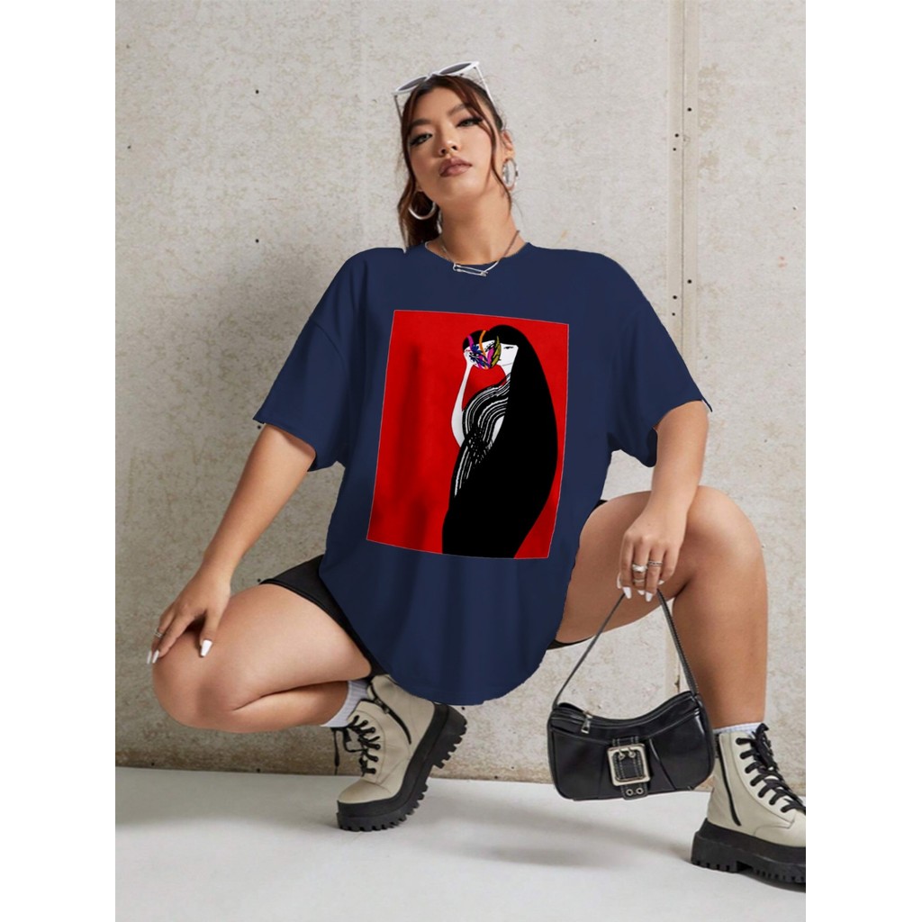 Camiseta Azul Estilosa Moda Gringa Oversized Estampada Cabelo Longo Preto Confortável Street Wear