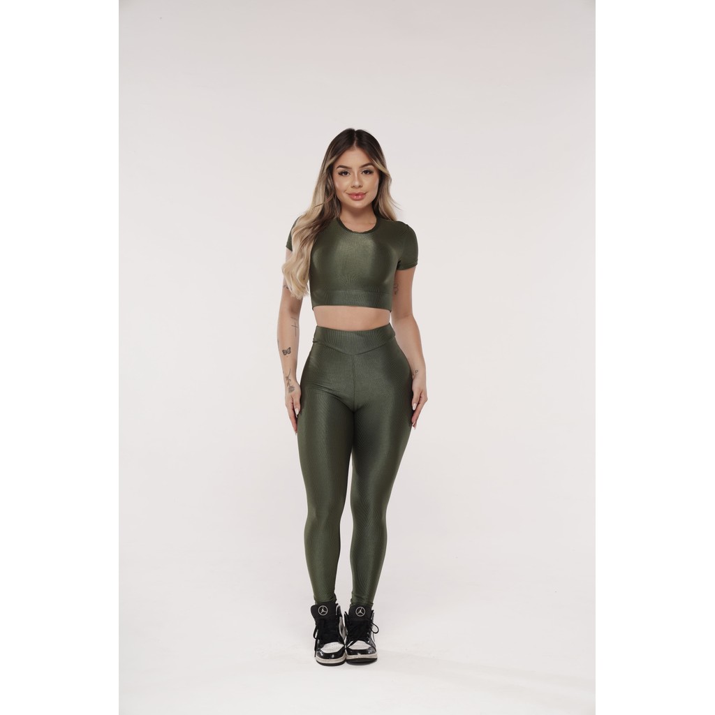 Conjunto Cropped Canelado Gloss Feminino Fitness Academia