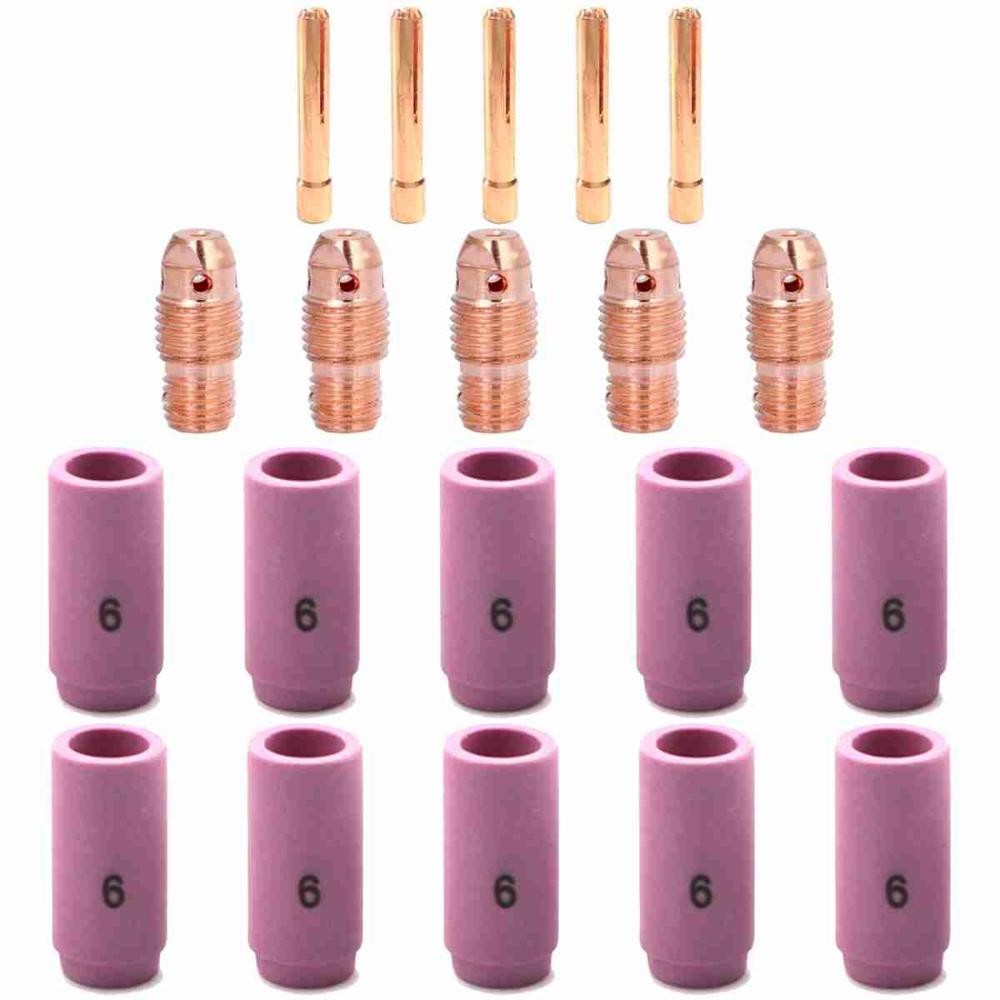 Kit tig WP9 - 5 Pinças Tig 1,6mm 13N22 + 5 Porta Pinça Tig 1,6mm 13N27 WP9 WP20 WP25 + 10 Bocais Ceramico Tig 13N10 Nº6