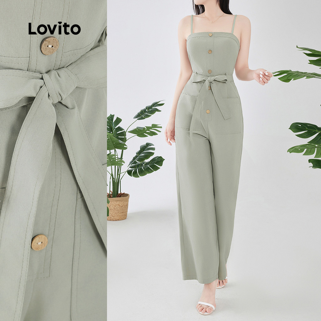 Lovito Macacão Casual Com Bolso E Botão Com Cinto Verão/Primavera Cinza Verde Para Mulheres L134LD283 em Oferta na Shopee