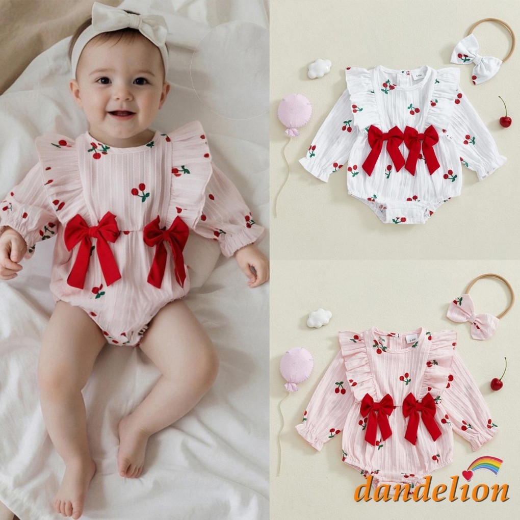 Bebê Menina Outono Bolha Macacão Cereja Impressão Manga Longa Em Torno Do Pescoço Babados Arco Com Bandana