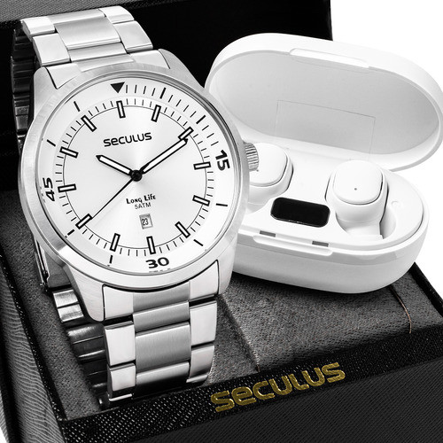 Kit Relógio Seculus Masculino Long Life com Fone Bluetooth 20958G0SVNA4K5