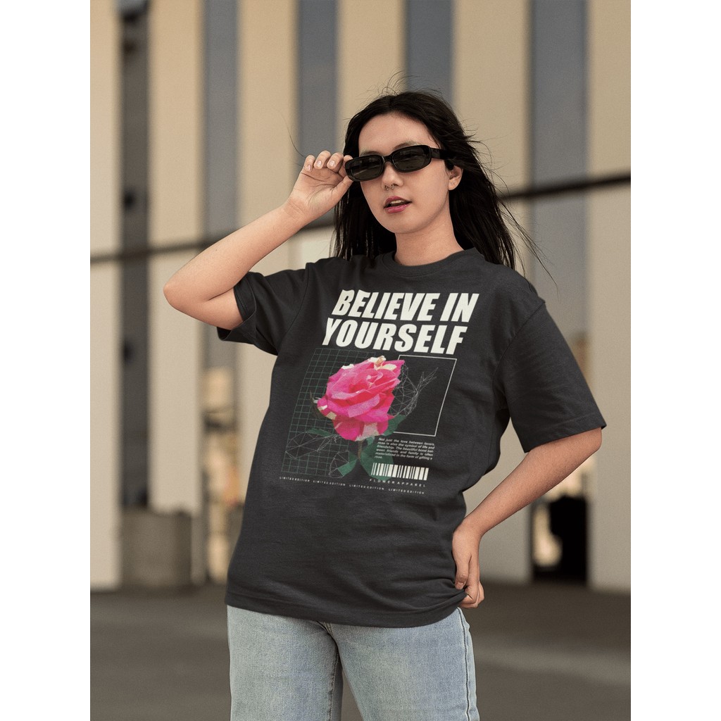 Camisa Camiseta Ombro Caido Oversized Gola Alta Streetwear Dia a Dia Treinar Academia Estampado  BELIEVE IN YOURSELF