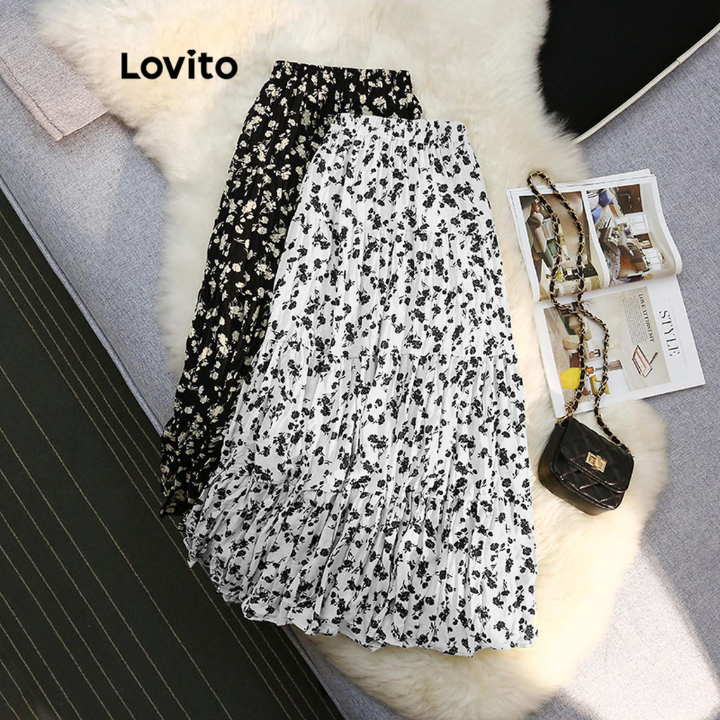 Lovito Elegante Saia Feminina Floral com Tecido Plissado LNL45121 - Women Clothes