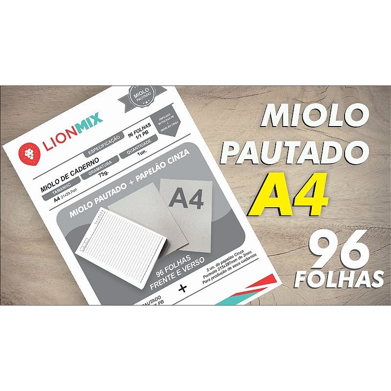 MIOLO PAUTADO A4 PARA CADERNO + PAPELÃO CINZA 96 folhas - OFFSET 75G. 1/1 PB - Embalagem unitária