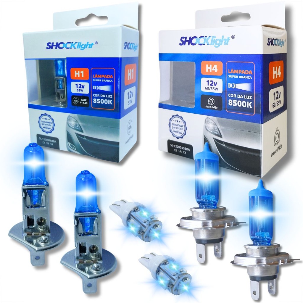 KIT LÂMPADA FAROL ALTO BAIXO E LANTERNA CONECTORES H1 H4 E T10 DUPLO FOCO ILUMINAÇÃO AUTOMOTIVA