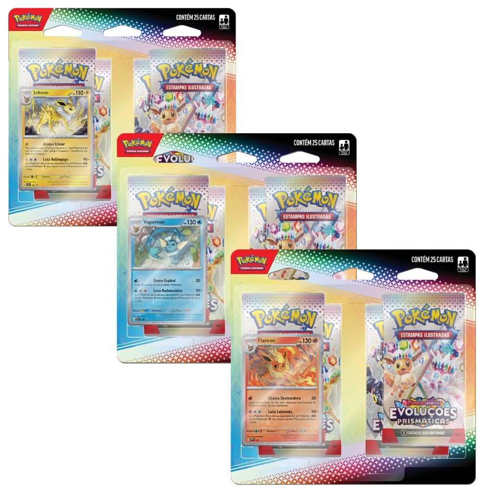BLISTER QUÁDRUPLO JOLTEON VAPOREON FLAREON EVOLUÇÕES PRISMÁTICAS EV8.5 COPAG POKÉMON TCG 4 BOOSTERS