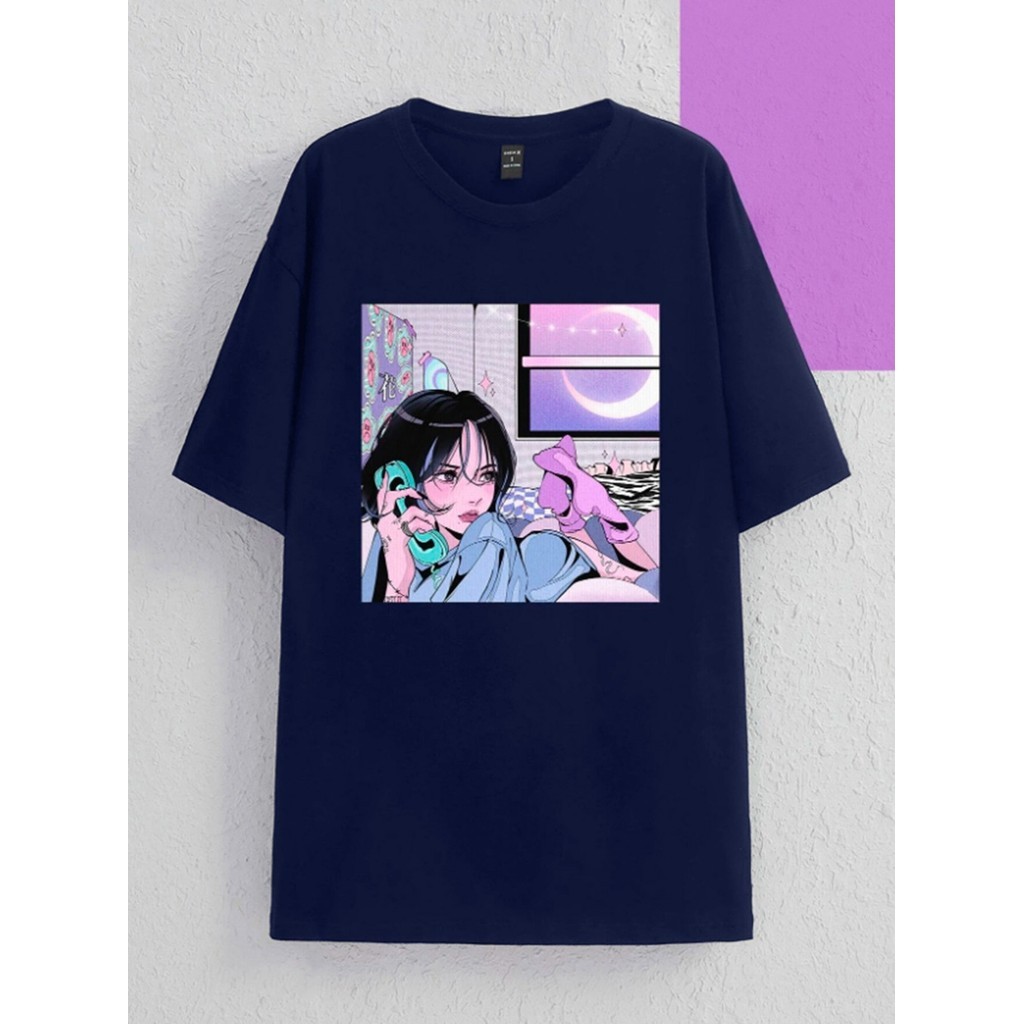 Camiseta Feminina Estampado Azul Unissex Oversized Manga Curta Aesthetic Estilo Alternativo