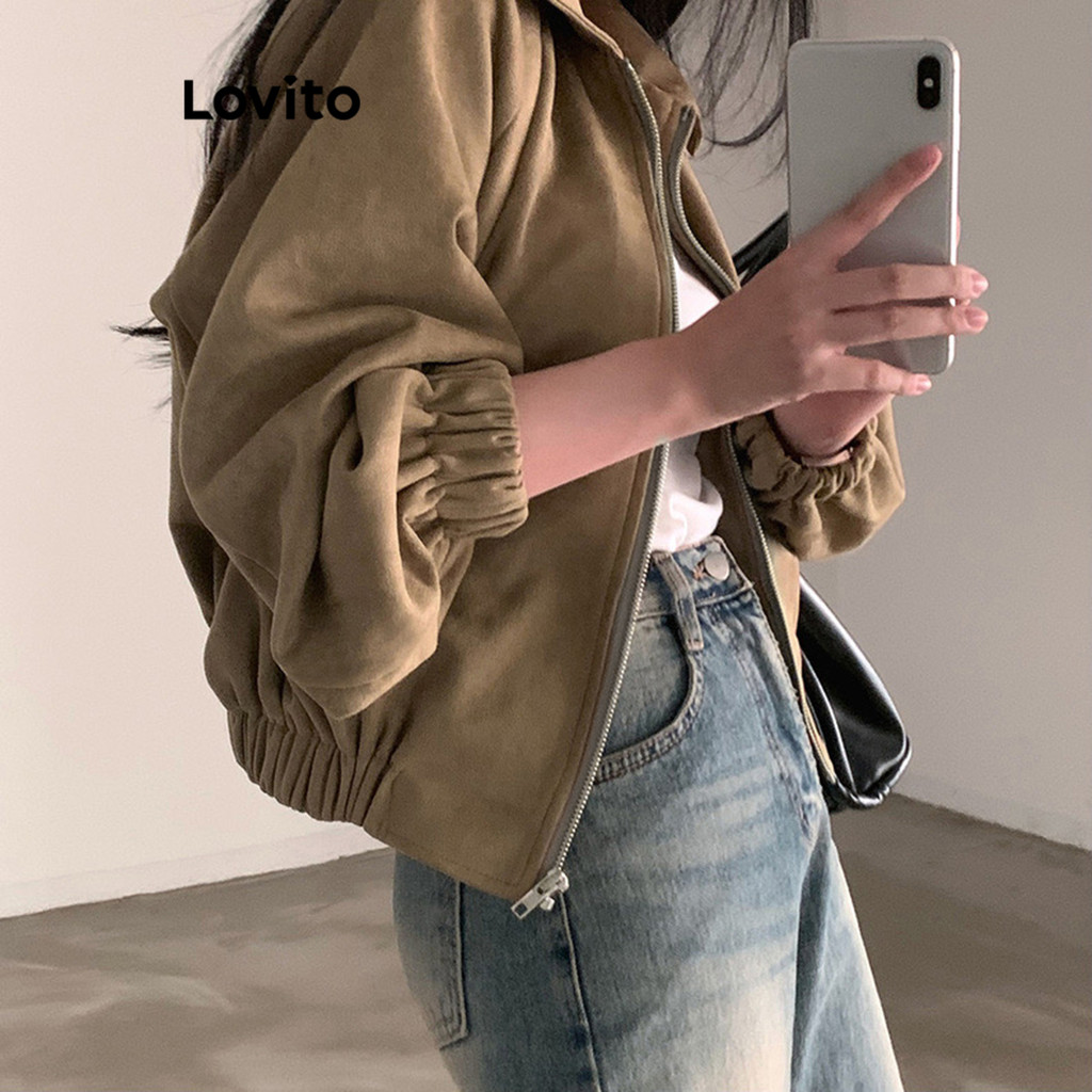 (Trendy) Lovito Casual Jaqueta Feminina Lisa com Zíper LNE30129 (Marrom) em Oferta na Shopee