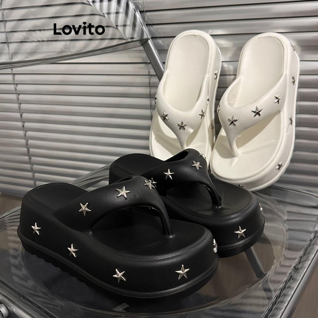 (Trendy) Lovito Sandália Plana Casual Lisa Super Legal Estrelas Moda Exterior Usar Sandália Plana Para Mulheres LFA70209 - Women Shoes