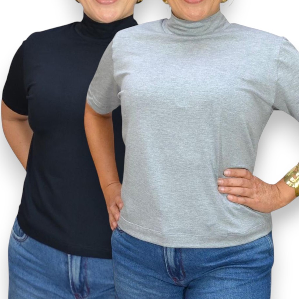 Kit 2 Blusas Social Feminina Gola Alta Manga 3/4 Roupas Plus Size Elegante Casual Oversized Camiseta