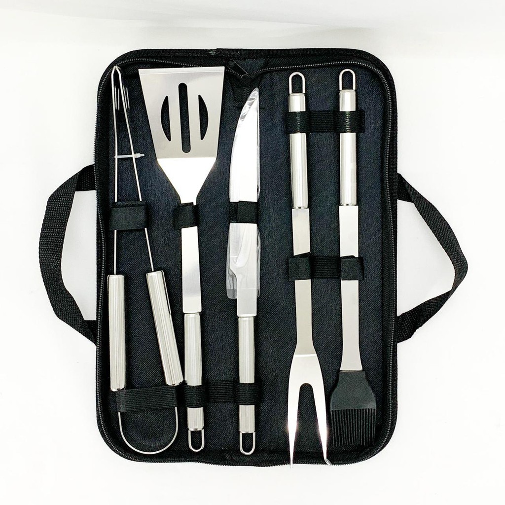 Kit Churrasco Jogo de Talheres 05 Peças em Aço Inox + Case Estojo com Alça de Mão PROMOÇÃO SHOPEE