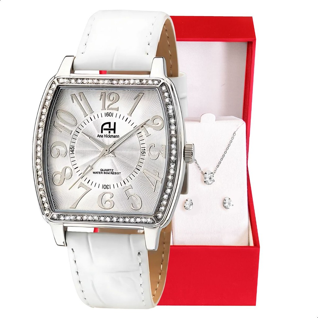 Relógio Feminino Champion Ana Hickmann Analógico Couro Branco AH20006Q Kit Colar e Brincos - Watches