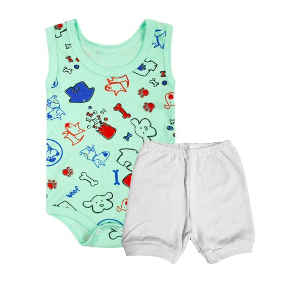 Kit Bebê Verão Body Regata Estampado e Shorts 100% Algodão