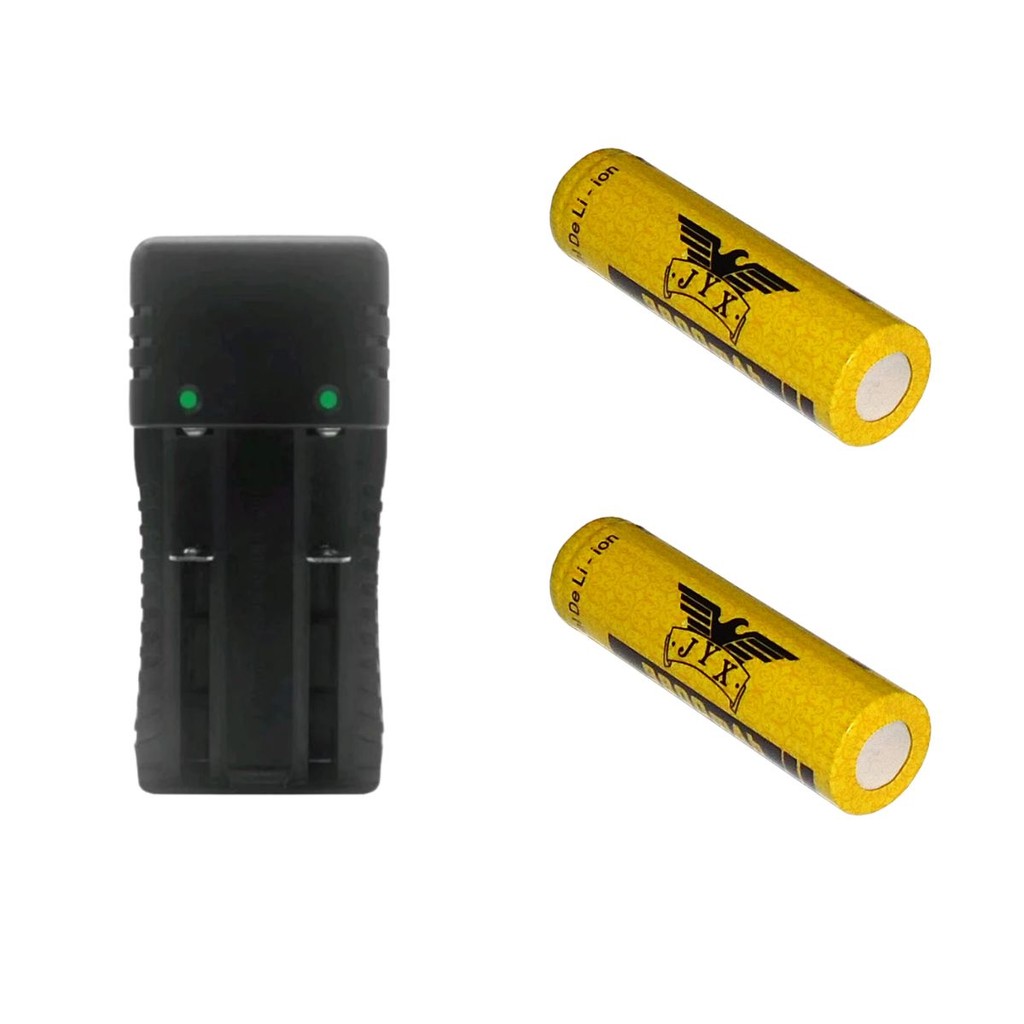 Kit Carregador Duplo 2 Slot Mais 2 Bateria 18650, 14500 Bateria 26650, 18650, 14500, 16340, 10400, 16650, 14650, 21700,
