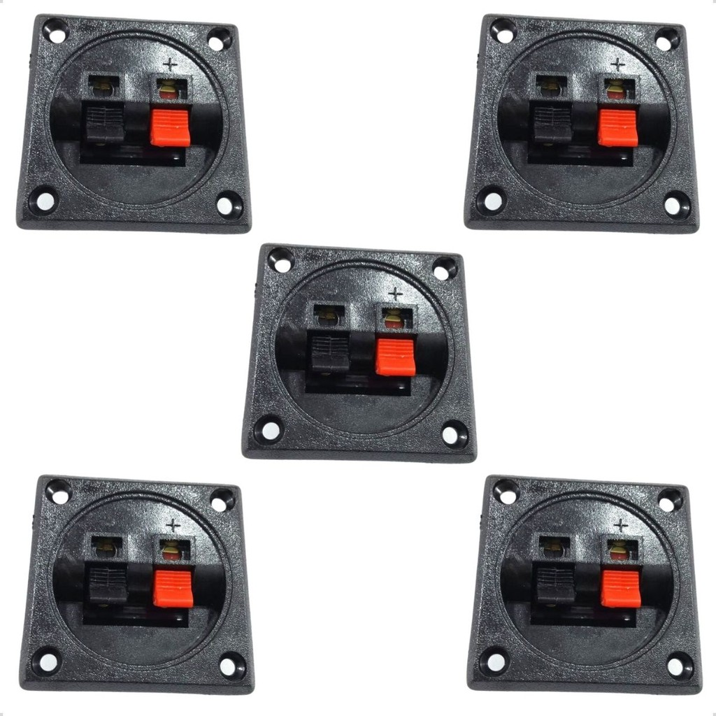 Kit 5 Bornes Quadrado Preto Conector Universal para Caixa de Som Áudio, Terminal Durável e Fácil Instalação 2 Vias