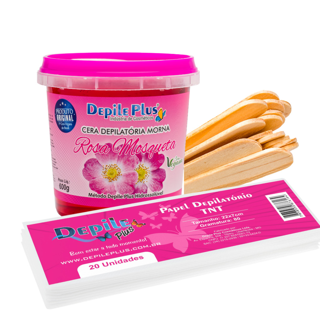 Kit Cera Depilatoria Hidrossoluvel 600g + Espátula Larga 15 Unidades + Papel Depilatorio 2...