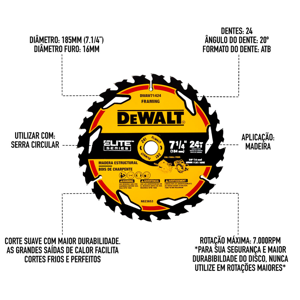 Lâmina de Serra Circular 185mm (7.1/4) 24 Dentes para Madeira Dewalt DWAW71424-Z