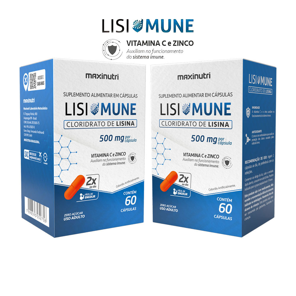 Kit 2 Lisimune Cloridrato de Lisina + Vitamina C e Zinco 60 Cáps Maxinutri