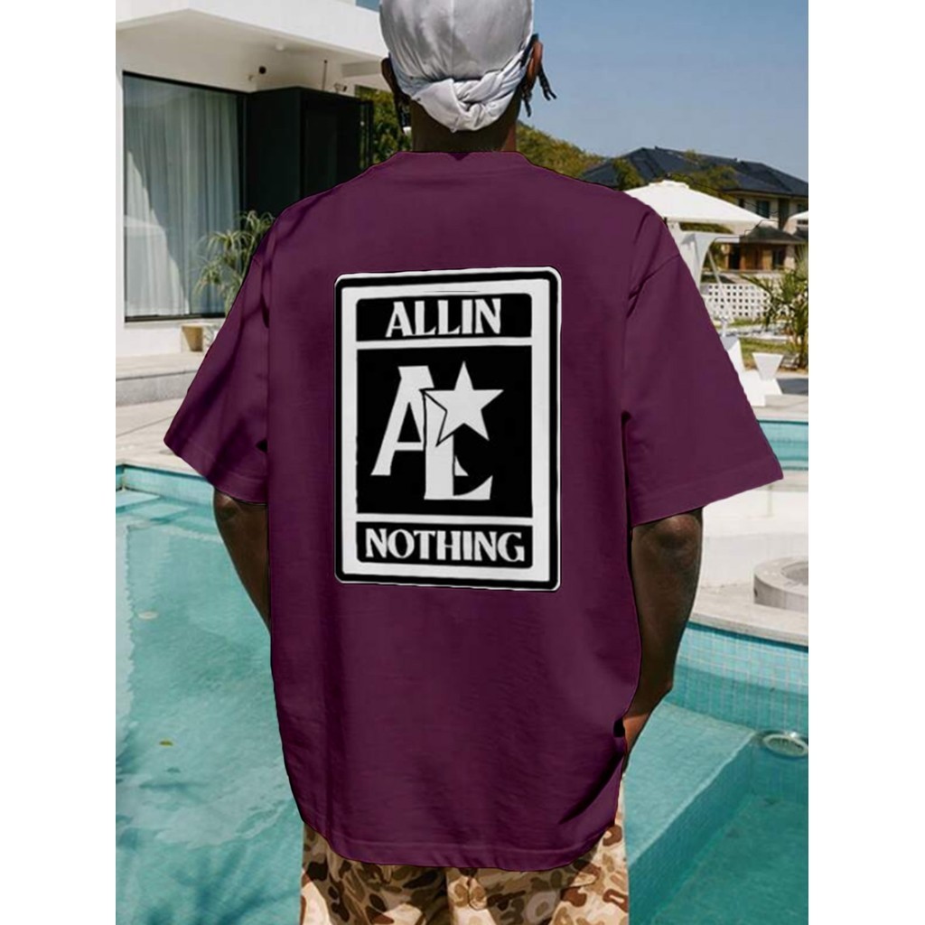 Camiseta Oversized Cor Vinho Bordado All In Nothing Star Aesthetic Manga Curta Tecido Confortavel