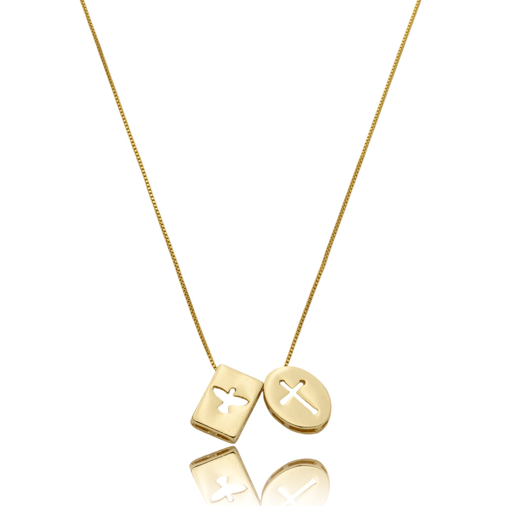 Escapulário Cruz e Espirito Santo 70cm Banhada Ouro 18k – 10 Banhos, Verniz Italiano