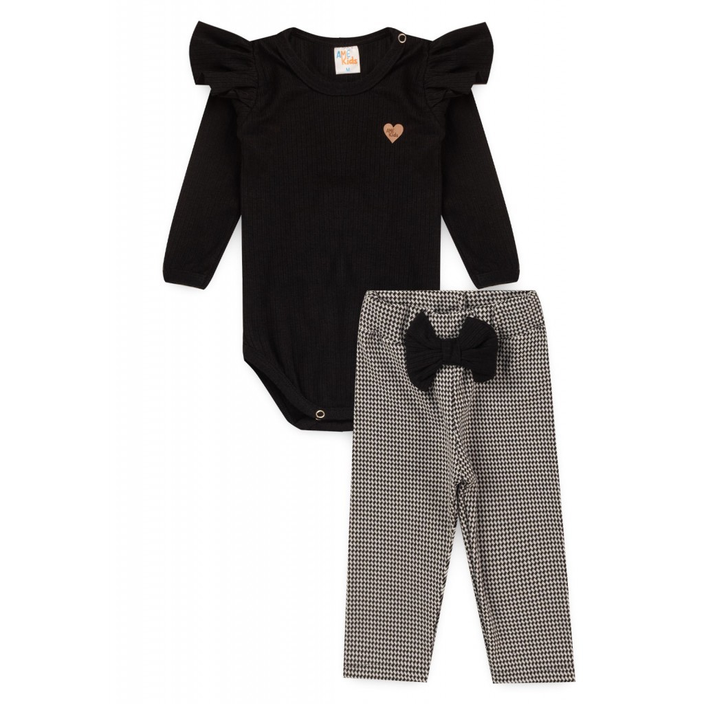 Conjunto Body e Calça Pied de Poule - Preto - Ame Kids