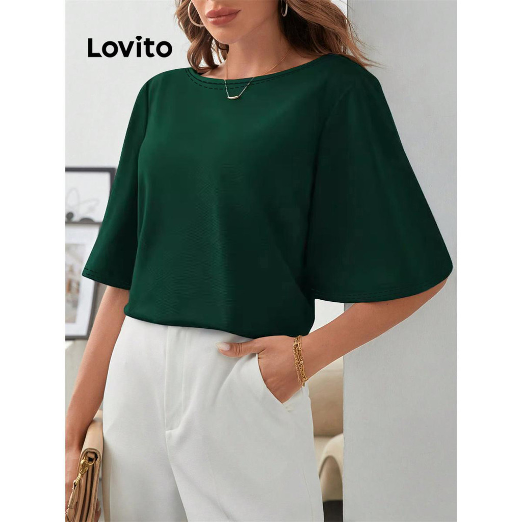 (Trendy) Lovito Blusa Elegante Blusa Lisa De Cor Sólida Para Mulheres LNL71103 em Oferta na Shopee