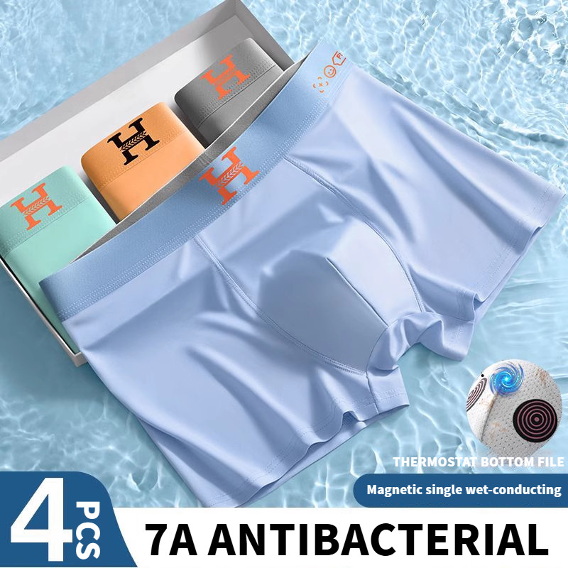 4PCS Combo de Roupa Íntima Masculina de Seda Gelada, Boxer Magnético de Ginseng, Cuecas Finas de Verão Premium, Tamanhos