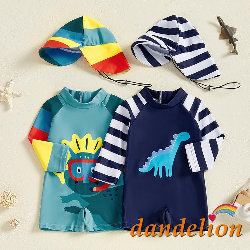 Maiô De Proteção Contra Queimaduras Para Bebês De 0 A 4 Anos Com Bonés E Listras Estampa De Dinossauro Manga Comprida