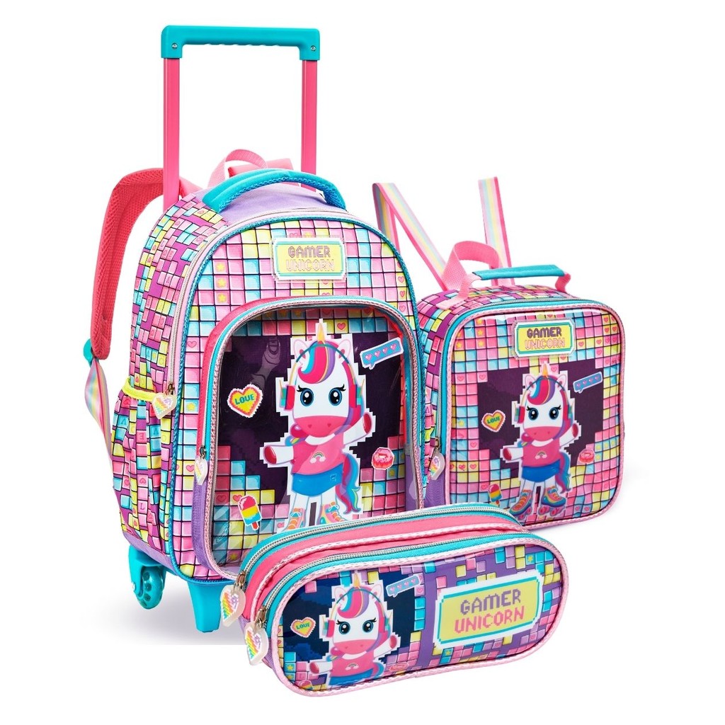 Kit Mochila Unicórnio Roda Estojo Lancheira Reforçada Meninas 3 Peças