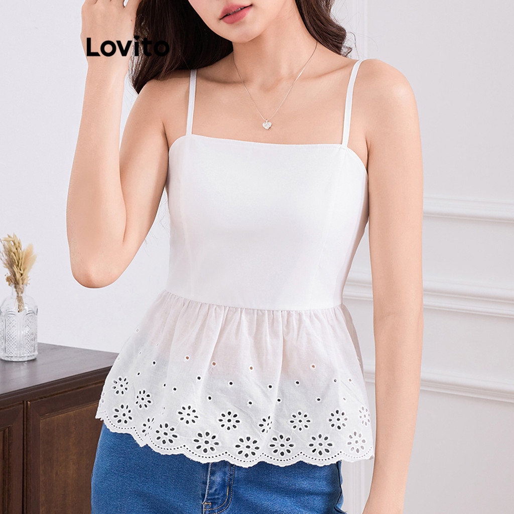 Lovito Boho Plain Ilhós Bordado Regata para Mulheres L113MD454 - Women Clothes