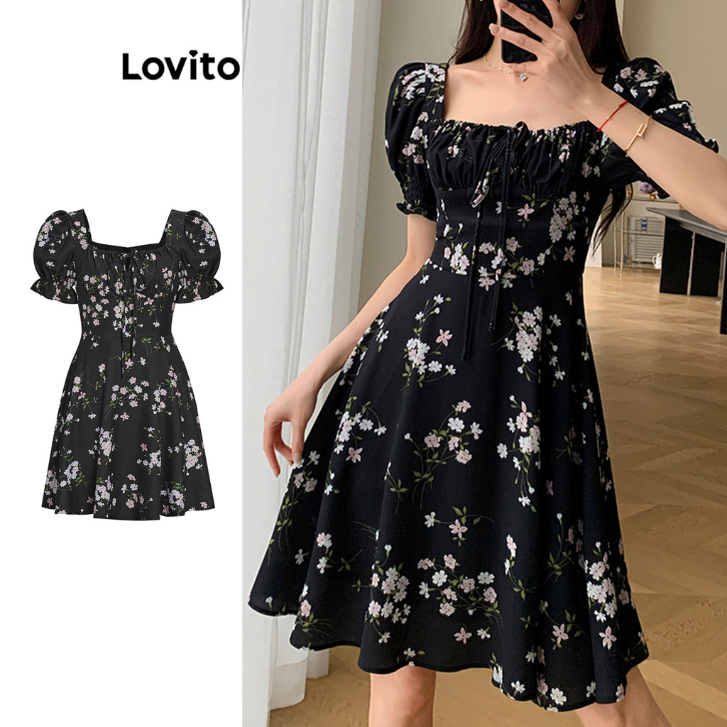 (Trendy) Lovito Casual Vestido Feminino Floral Amarrado L68ED190 (Preto) em Oferta na Shopee