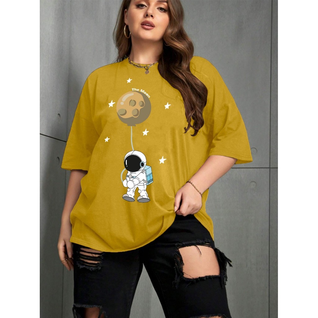 Camiseta Oversized Feminina Tecido Confortavel Longa Blusa Streetwear Estampada Desenho Astronauta