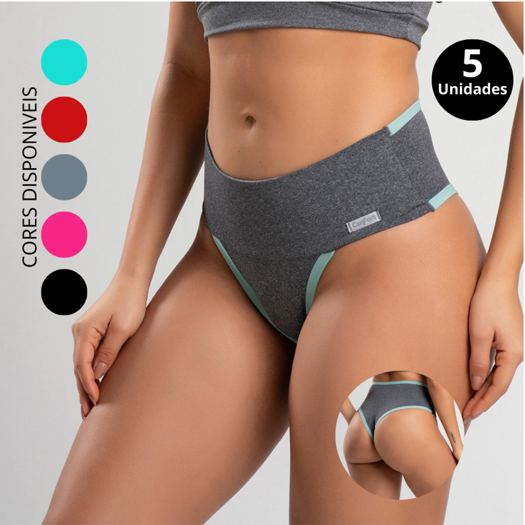Kit 5 Calcinhas Fitness Cós Alto Calcinha Seca Barriga