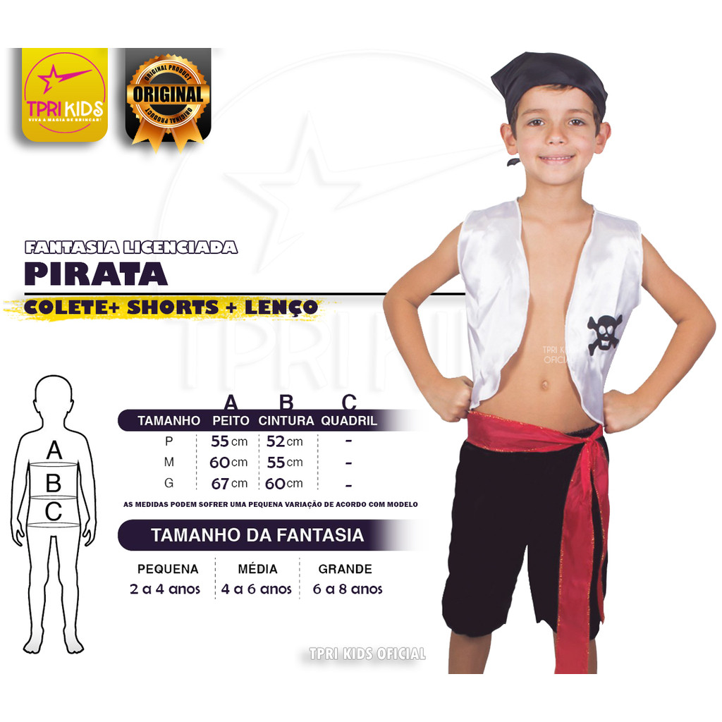 Fantasia Infantil Menino Pirata + Lenço Halloween Carnaval Cosplay Piratinha Festa Aniversário Luxo