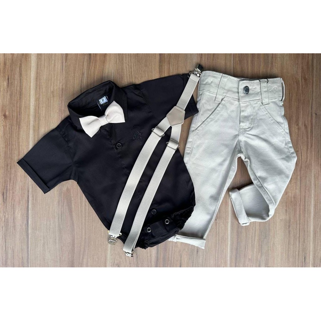Calça Nude com Body Preto e Kit Gravata e Suspensório Nude Infantil