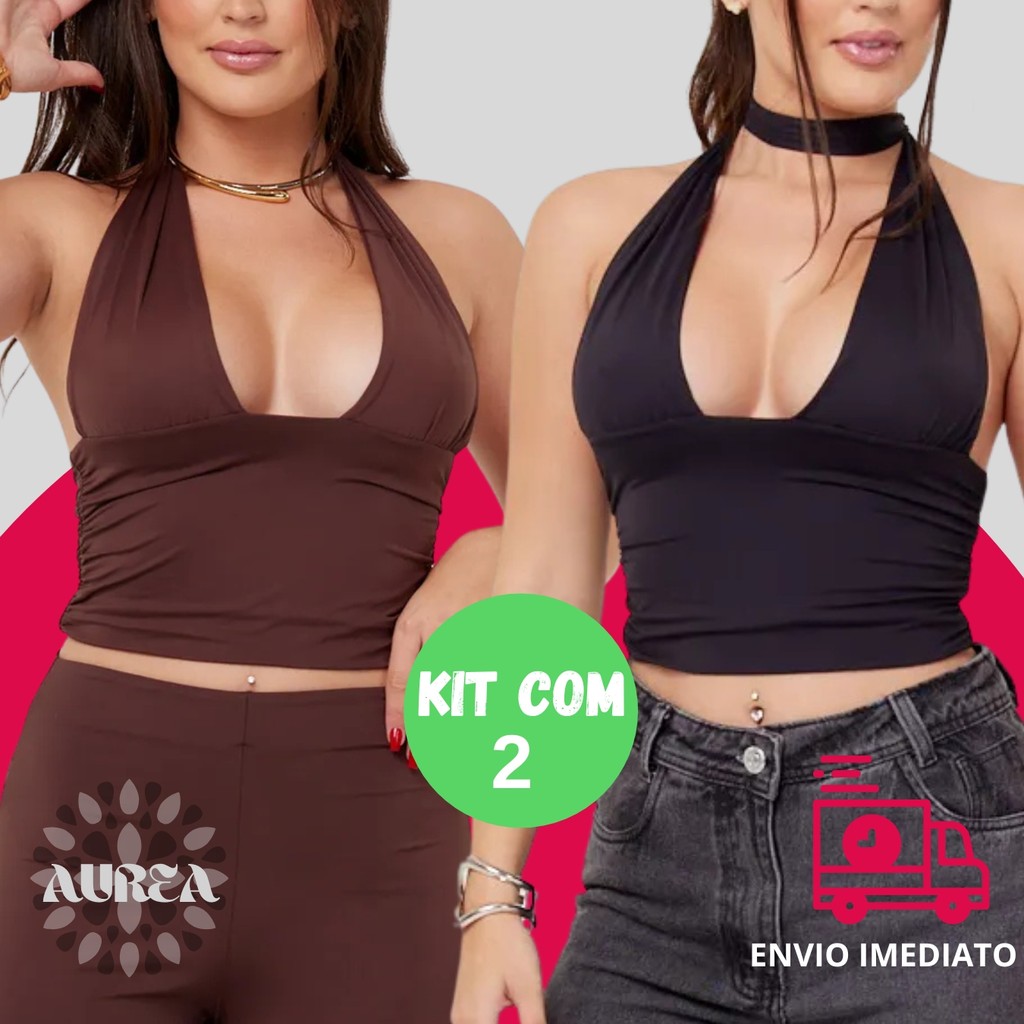 KIT 2 Blusa Cropped Com Amarraçao Multi forma Top Decote Festa Moda Gringa Decotado Suplex Premium Sexy Sustentaçao em Oferta na Shopee