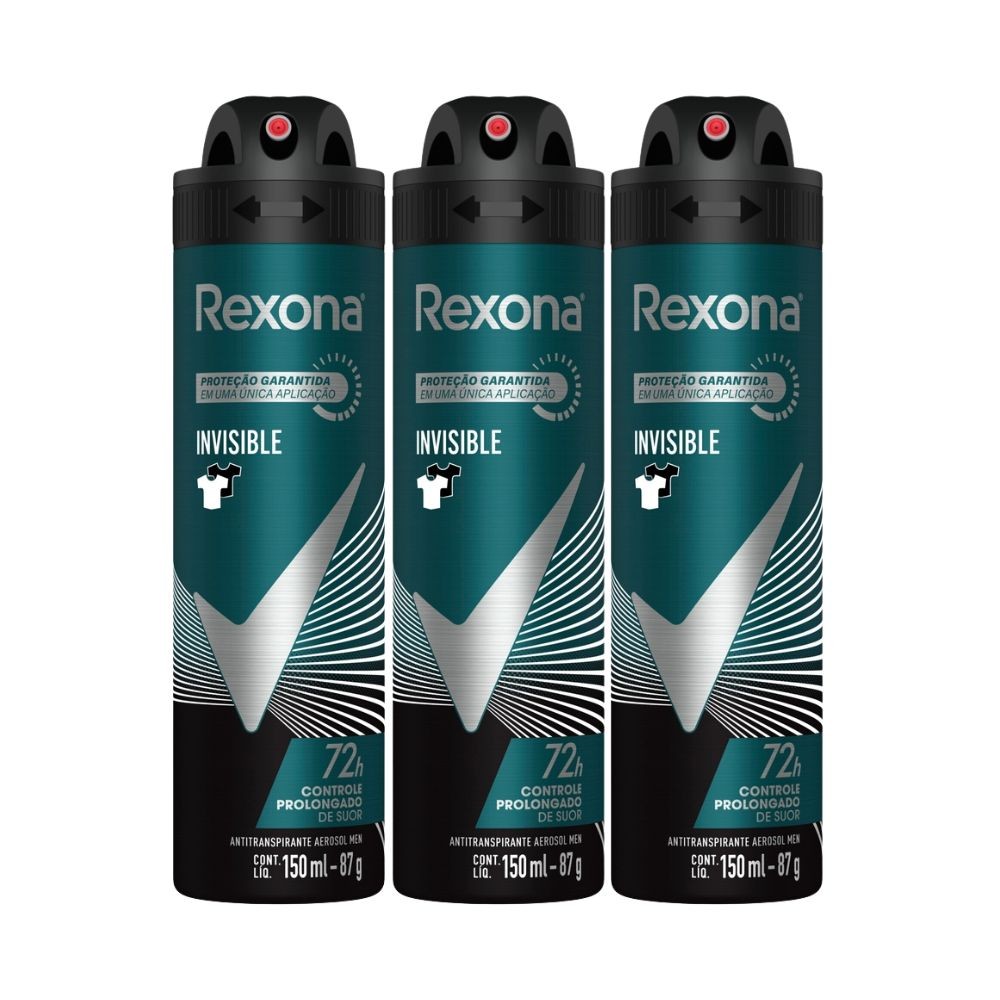 Kit 3 Desodorante Rexona Invisible Masculino Aerosol Antitranspirante 72 horas 150ml - Beauty