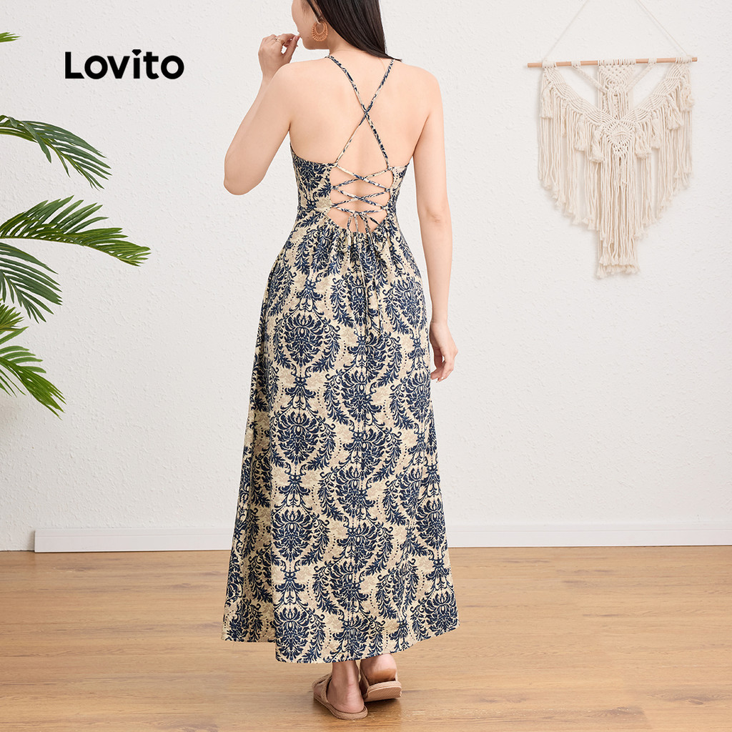 (Trendy) Lovito Vestido Boho Tribal Print Backless Criss Cross Padrão para Mulheres L L124AD1198