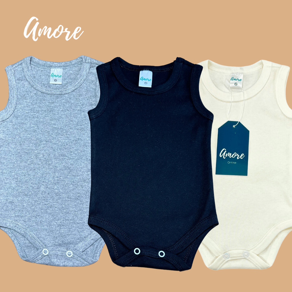 Kit 3 Body Regata Bebê Amore Calor Verão Minimalista 100% Algodão