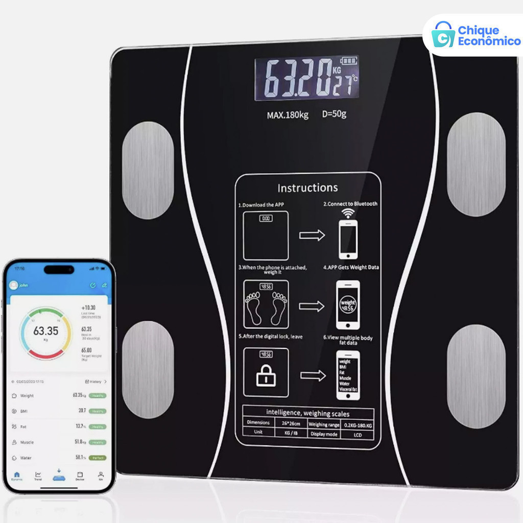Balança Corporal Bioimpedância Profissional Bluetooth 180Kg Pilhas Inclusas Peso