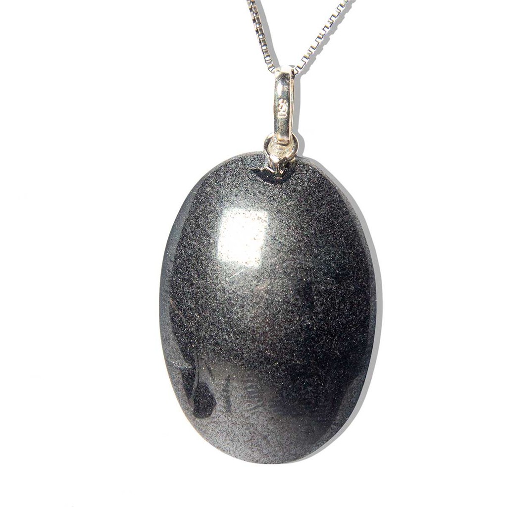 Colar Cabochão Oval 25mm Pedra Hematita Pino Prata 950
