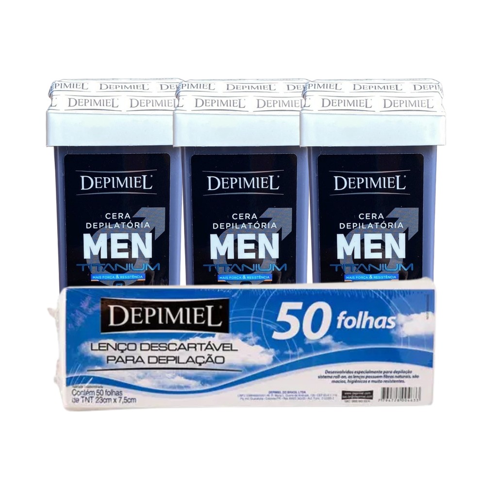 Kit 50 Folha Lenço Descartável E 3 Cera Roll-on Men Depimiel