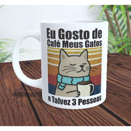 Caneca de cerâmica personalizada - 325ml - Gatos e Café presente xicara porcelana ceramica