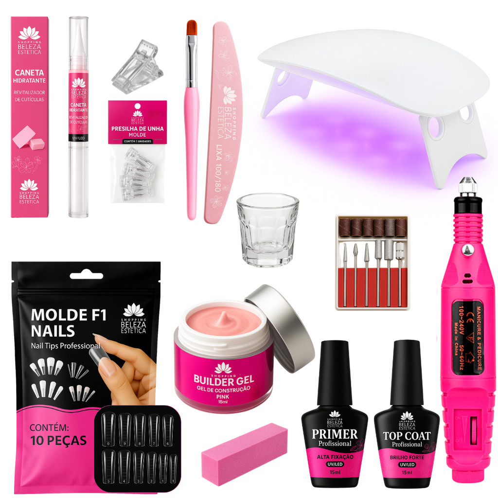 Kit Unhas de Gel Construtor Profissional + Lixadeira Elétrica + Cabine SUN LED/UV - Profissional e Fácil de Usar