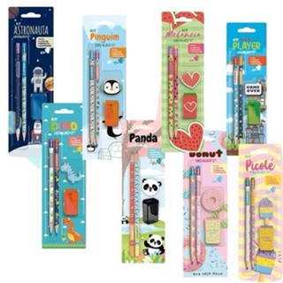 Kit Escolar 4 Peças Lapis Apontador Borracha Pets Donuts Astronauta Picolé Game Dino Leo&Leo em Oferta na Shopee