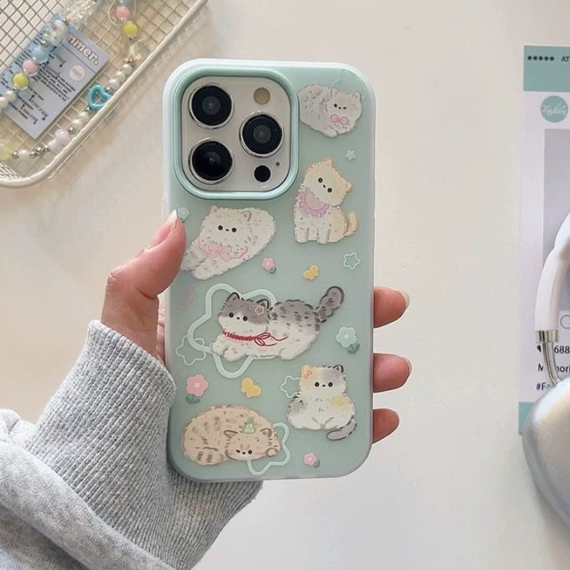 Bonito Gatinho Doodle Geléia Caso De Telefone Para iPhone 16 15 14 13 12 11 Pro Max 16 Plus Flores 2-Em-1 Capa De Silico