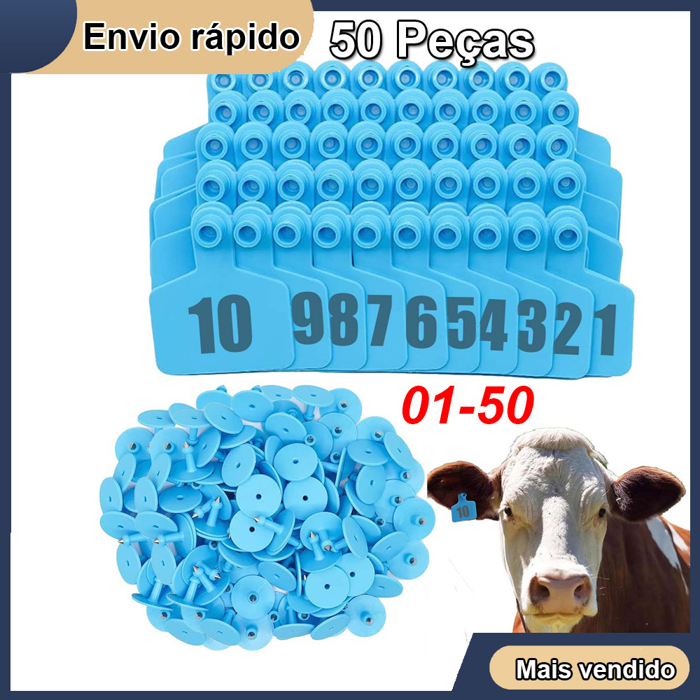 50 Brincos Médio 7.5cmx6cm de Identificação para Gado Bovino Vaca Boi Porco, Kit 01 à 50 Azul