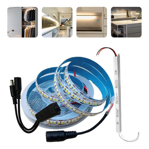 Fita De 240 Led/m 12v 5m Luz Branco Frio (6000k) + Sensor Preto P/ Porta + Fonte Slim